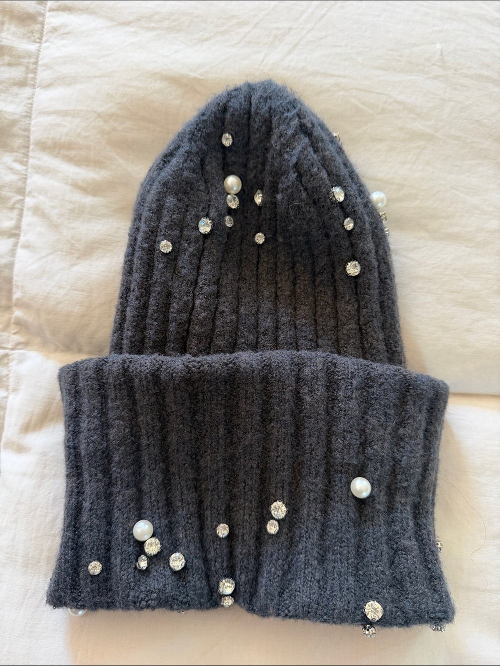 Anthropologie Charcoal Ribbed Knit Beanie with Pearl & Crystal Embellishments